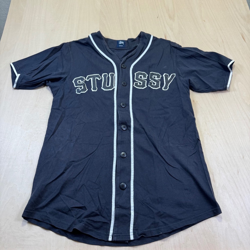Stussy‎ Black Baseball Jersey Shirt Men's Medium Short Sleeve Button Up